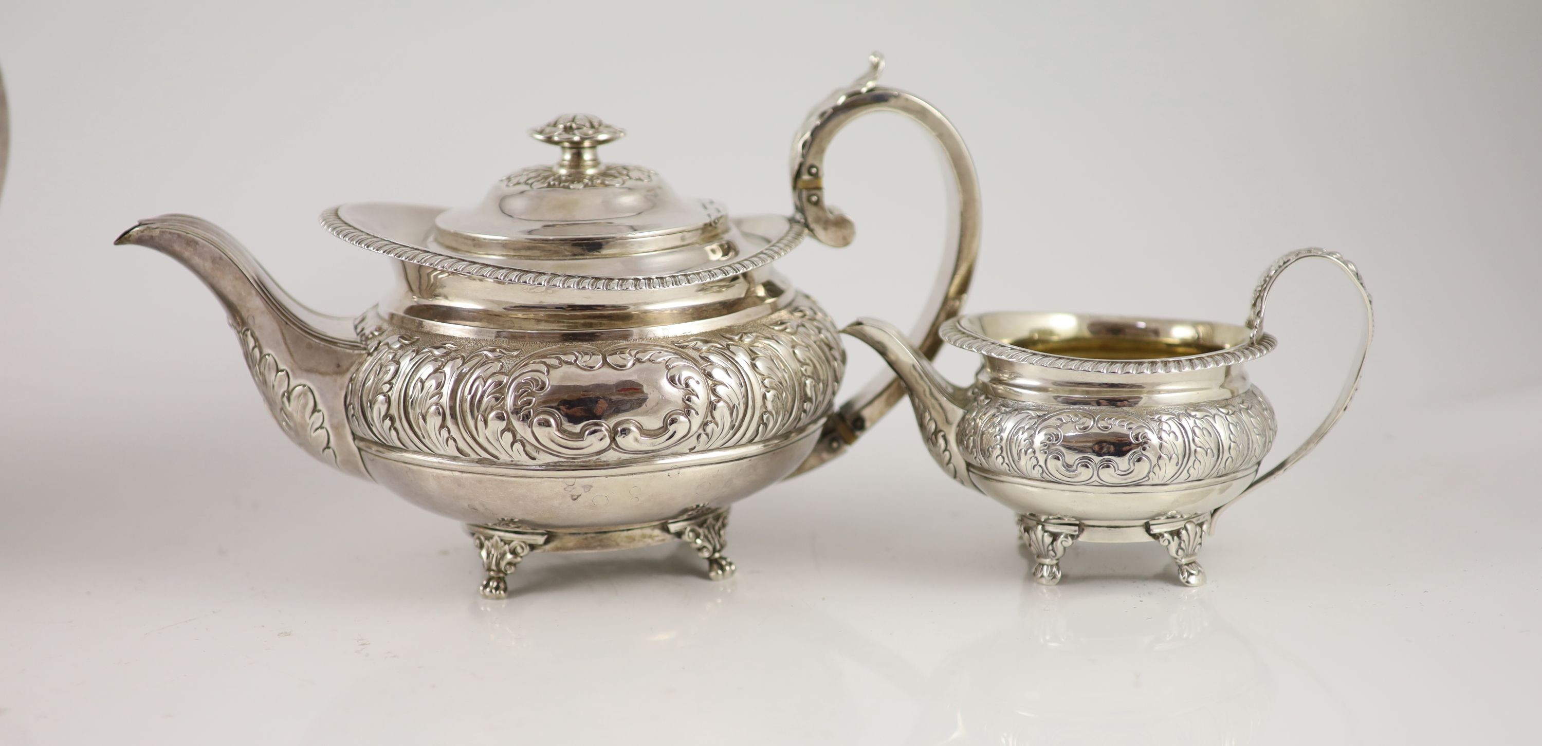 A George IV provincial silver three piece tea set by Barber & Whitwell, York, 1821 and a similar silver coffee pot, by Richard Pearce?, London, 1820
